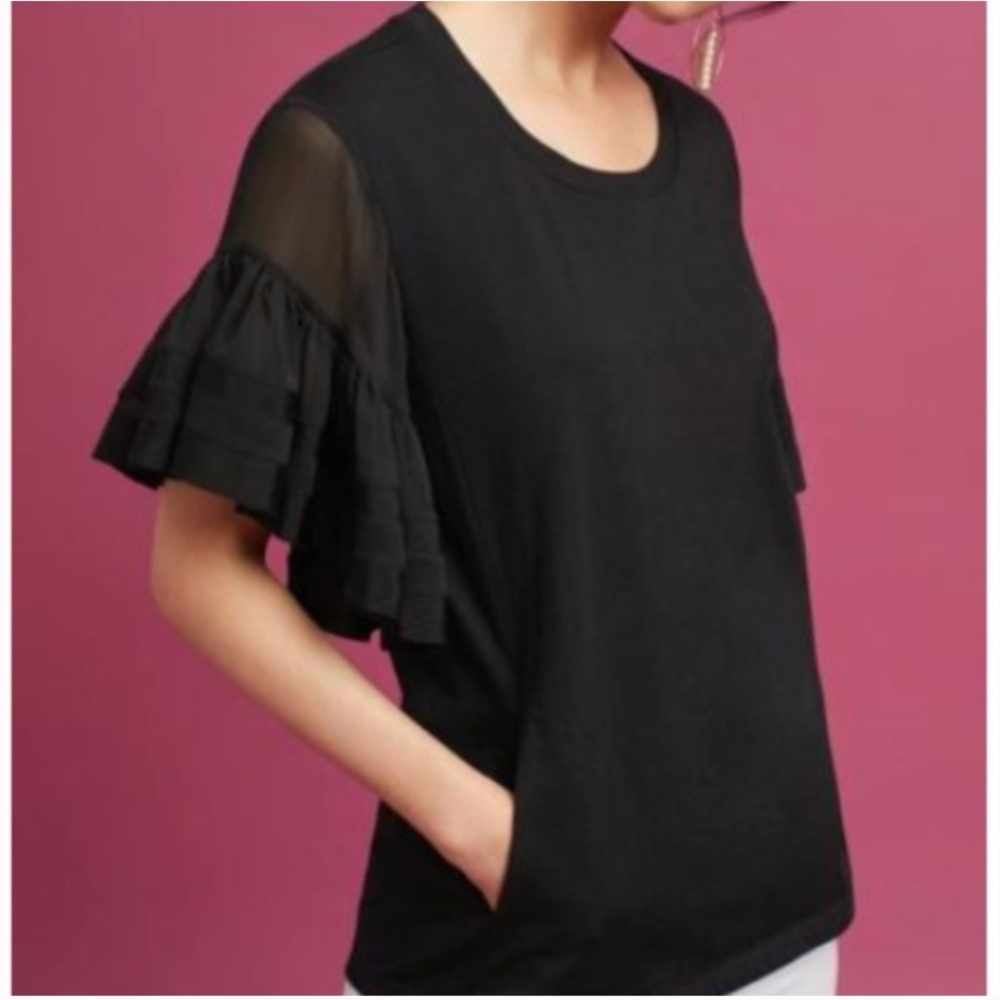 Vanessa Virginia by Antropologie Ruffled Cotton Sorrento Top Black Size Small - Picture 3 of 8